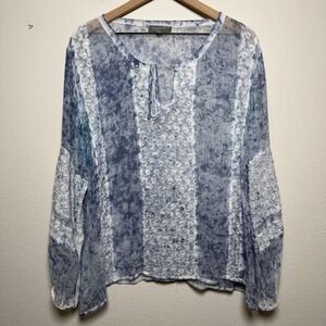 Yauvan‎ Womens Blouse M Blue White Tie Dye Embroidered Sheer Boho Peasant Top